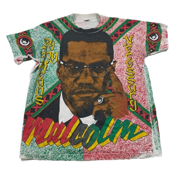 トップス MALCOLM X Vintage S/S Over Print T-Shirt Vintage 1990s Malcolm X All Over Print Colorful Graphic Art T